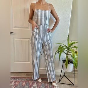Forever 21 - Gray & White Striped Jumpsuit with Corset Crossed Back